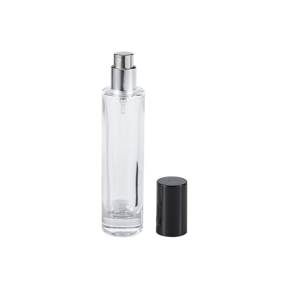 GC4423-WJ2369 30ML Botol Parfum Kaca Bening Dengan Tutup Silinder PP Hitam Mengkilap
