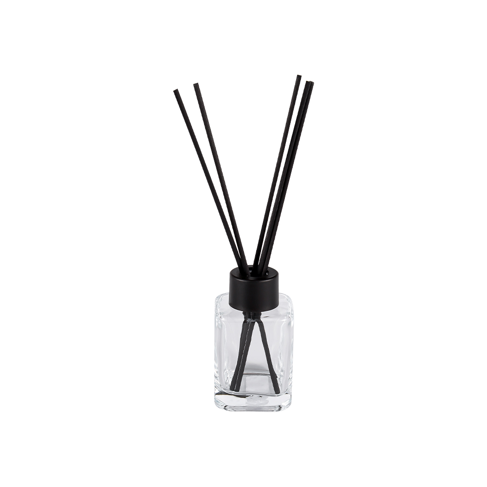 Botol Diffuser Persegi HJ-RX2248 dengan Tutup Plastik Leher Sekrup dan Stiker Fiber Hitam Matte