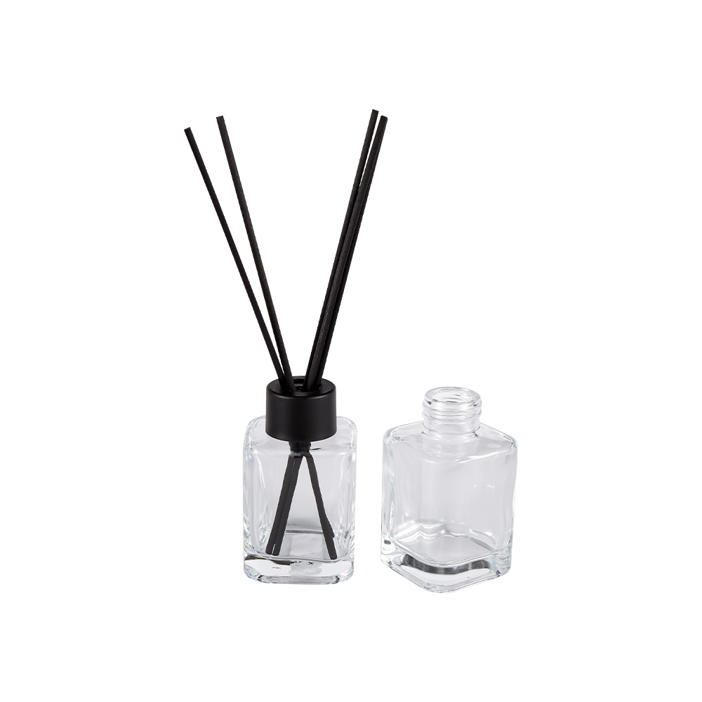 Botol Diffuser Persegi HJ-RX2248 dengan Tutup Plastik Leher Sekrup dan Stiker Fiber Hitam Matte