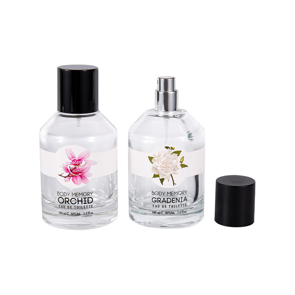 KY1603-WJ2388 100ML Botol Parfum Kaca Stiker Cetak Dengan Tutup PP Hitam Matte Mengkilap Silinder