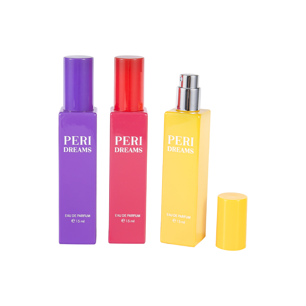 GC4421-WJ2369B 15ML Botol Parfum Kaca Persegi Panjang Dilapisi Kapasitas Mini Dengan Tutup PP Silinder