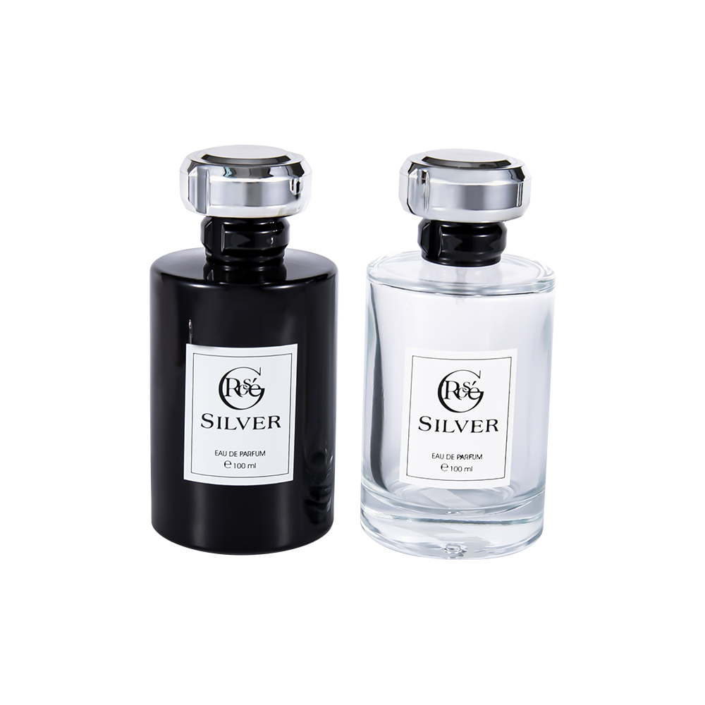 KY1601-WJ2432 100ML Botol Parfum Kaca Dilapisi Hitam Glossy Dengan Tutup Parfum Plastik Uv Silver