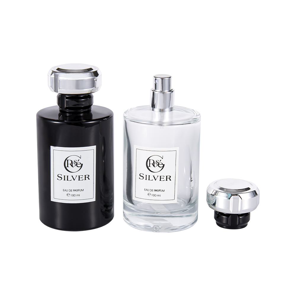 KY1601-WJ2432 100ML Botol Parfum Kaca Dilapisi Hitam Glossy Dengan Tutup Parfum Plastik Uv Silver